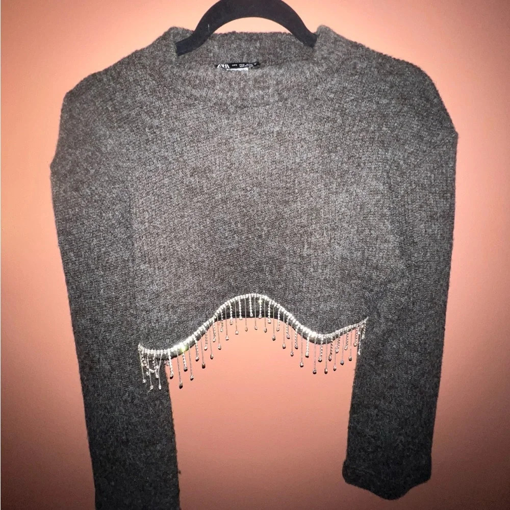 Zara - Cropped Dark Gray Knit Sweater with Rhinestone Fringe